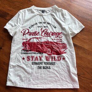 EUC Shein White Graphic Car T-Shirt Sz Small